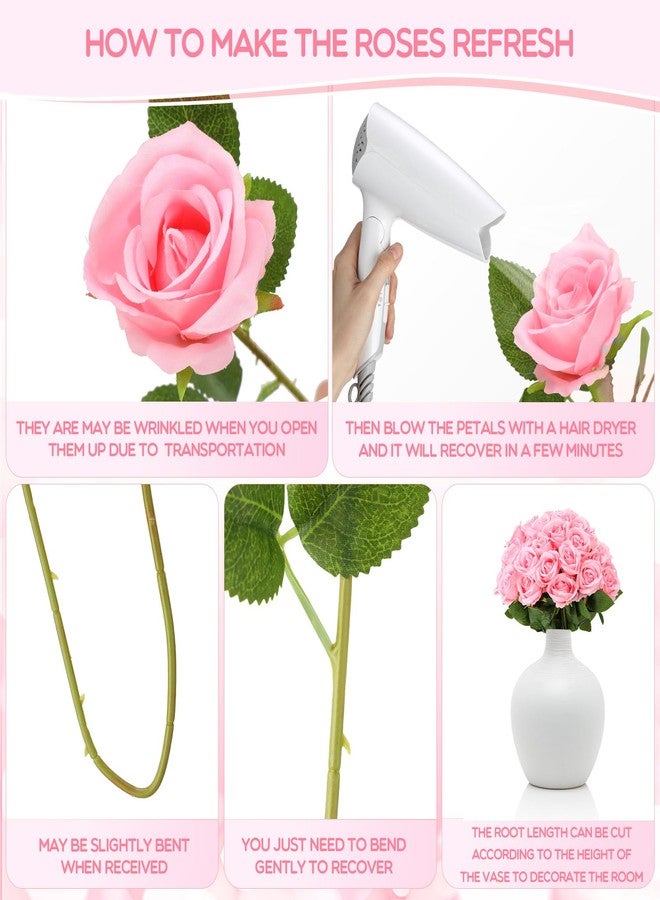Jexine 100 Pieces Artificial Roses Flowers bulk, Long Stem Realistic Fake Silk Roses Bouquet for Table Centerpiece Vases Wedding Party Home Kitchen Decor (Pink) - Image 3