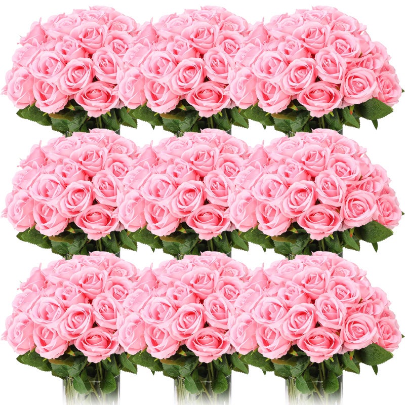 Jexine 100 Pieces Artificial Roses Flowers bulk, Long Stem Realistic Fake Silk Roses Bouquet for Table Centerpiece Vases Wedding Party Home Kitchen Decor (Pink) - Image 1