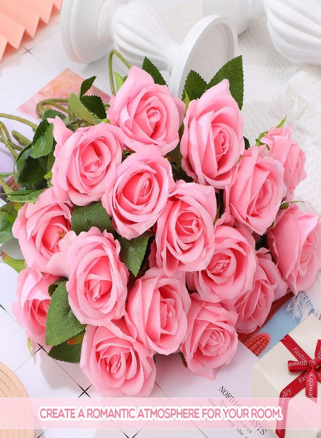 Jexine 100 Pieces Artificial Roses Flowers bulk, Long Stem Realistic Fake Silk Roses Bouquet for Table Centerpiece Vases Wedding Party Home Kitchen Decor (Pink) - Image 4