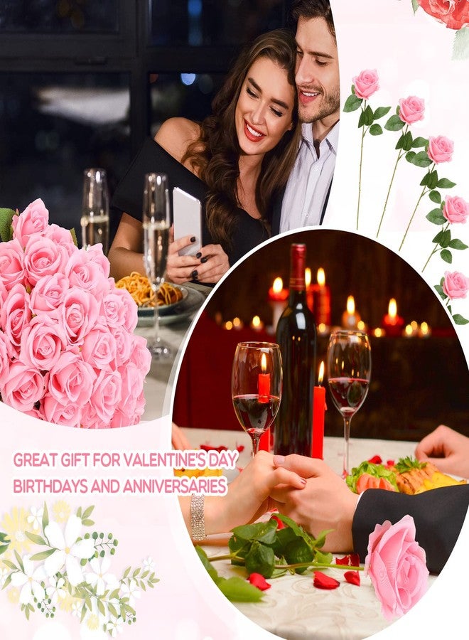Jexine 100 Pieces Artificial Roses Flowers bulk, Long Stem Realistic Fake Silk Roses Bouquet for Table Centerpiece Vases Wedding Party Home Kitchen Decor (Pink) - Image 5