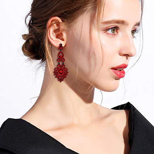 Flyonce Bridal Crystal Vintage Style Art Deco Chandelier Dangle Earrings for Women Red, Wedding Jewelry - Image 2