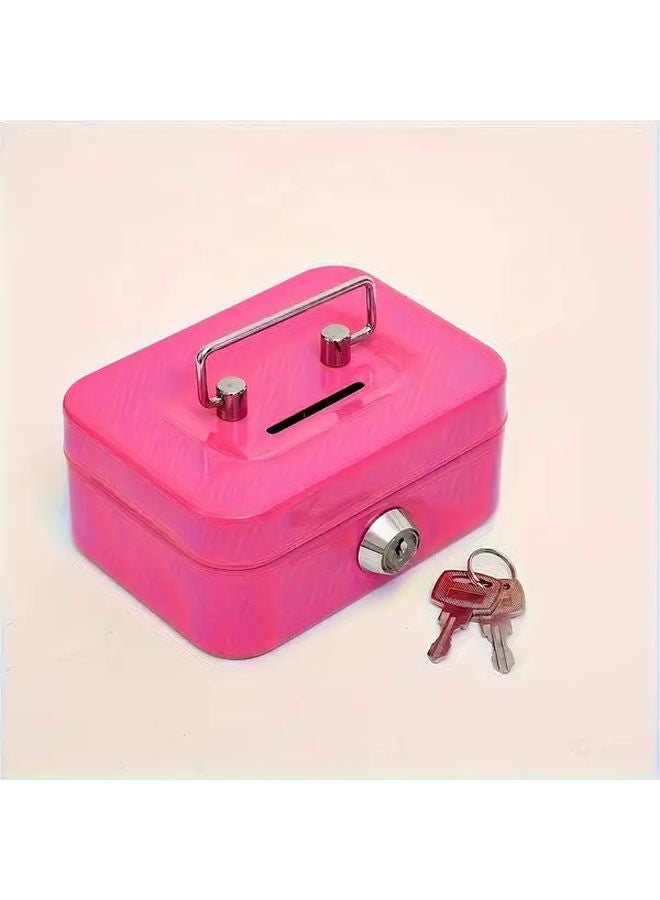 Pink Metal Key Lock Storage Box For Cash Documents Valuables Security Safe - Image 1