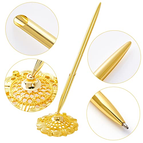 jiebor 2Pcs Gold Wedding Pen and Metal Pen Stand Holder Set Signing Desk Ballpoint Pens for Guest Book Bridal Engagement Business Home Office Supplies Black Ink - Image 3