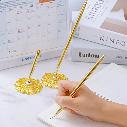 jiebor 2Pcs Gold Wedding Pen and Metal Pen Stand Holder Set Signing Desk Ballpoint Pens for Guest Book Bridal Engagement Business Home Office Supplies Black Ink - Image 2