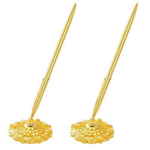 jiebor 2Pcs Gold Wedding Pen and Metal Pen Stand Holder Set Signing Desk Ballpoint Pens for Guest Book Bridal Engagement Business Home Office Supplies Black Ink - Image 1