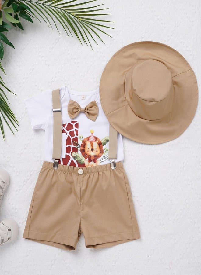 OBEEII Baby Boy Wild 1st Birthday Outfit Safari Party Cake Smash Outfit Infant Zookeeper Animal Lion Bow Tie Romper + Suspender Shorts + Hat Jungle Baptism Photoshoot Clothes Khaki 12-18 Months - Image 2