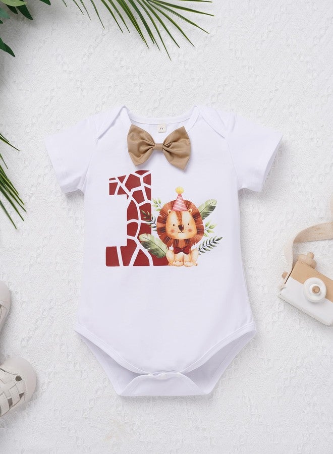 OBEEII Baby Boy Wild 1st Birthday Outfit Safari Party Cake Smash Outfit Infant Zookeeper Animal Lion Bow Tie Romper + Suspender Shorts + Hat Jungle Baptism Photoshoot Clothes Khaki 12-18 Months - Image 5