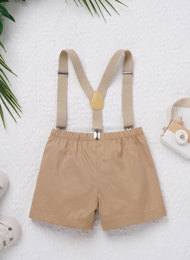 OBEEII Baby Boy Wild 1st Birthday Outfit Safari Party Cake Smash Outfit Infant Zookeeper Animal Lion Bow Tie Romper + Suspender Shorts + Hat Jungle Baptism Photoshoot Clothes Khaki 12-18 Months - Image 4