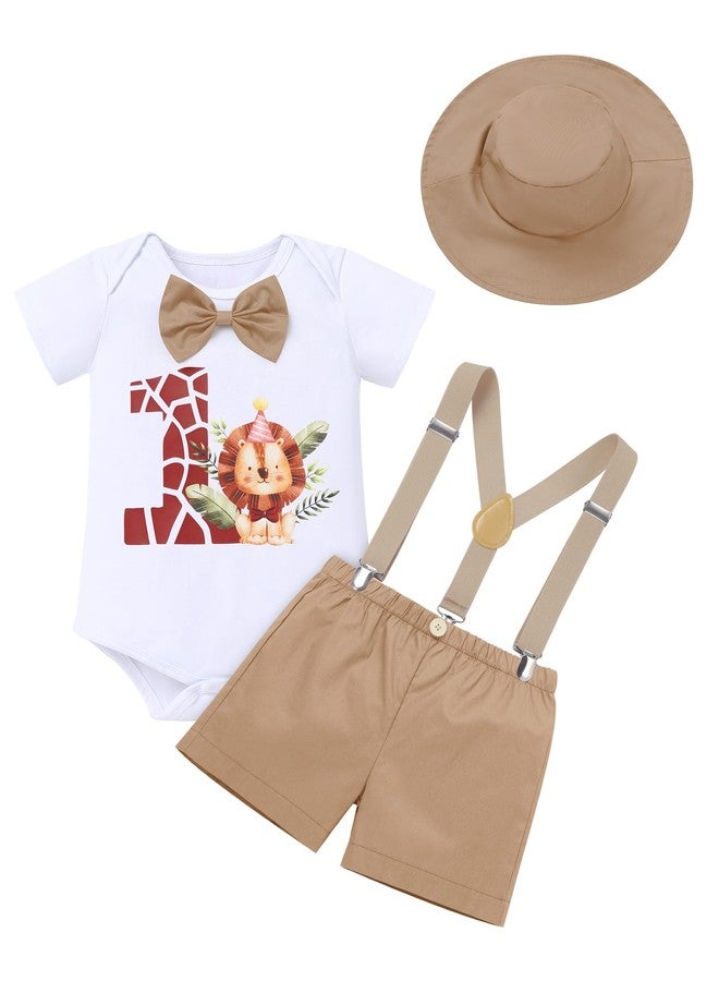 OBEEII Baby Boy Wild 1st Birthday Outfit Safari Party Cake Smash Outfit Infant Zookeeper Animal Lion Bow Tie Romper + Suspender Shorts + Hat Jungle Baptism Photoshoot Clothes Khaki 12-18 Months - Image 1