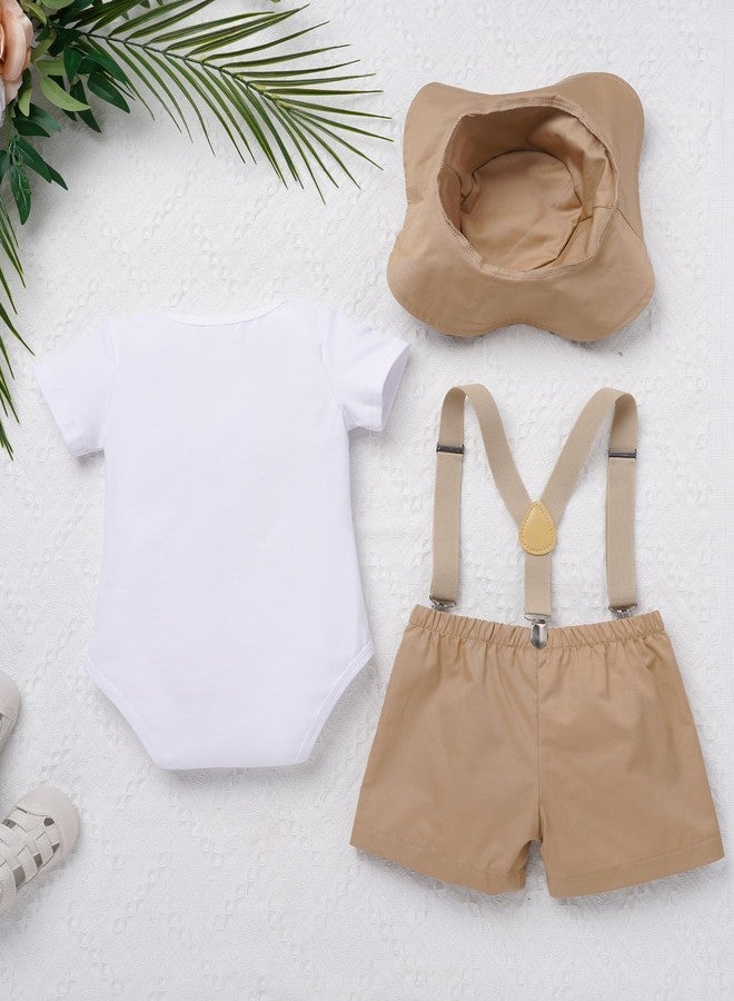 OBEEII Baby Boy Wild 1st Birthday Outfit Safari Party Cake Smash Outfit Infant Zookeeper Animal Lion Bow Tie Romper + Suspender Shorts + Hat Jungle Baptism Photoshoot Clothes Khaki 12-18 Months - Image 3