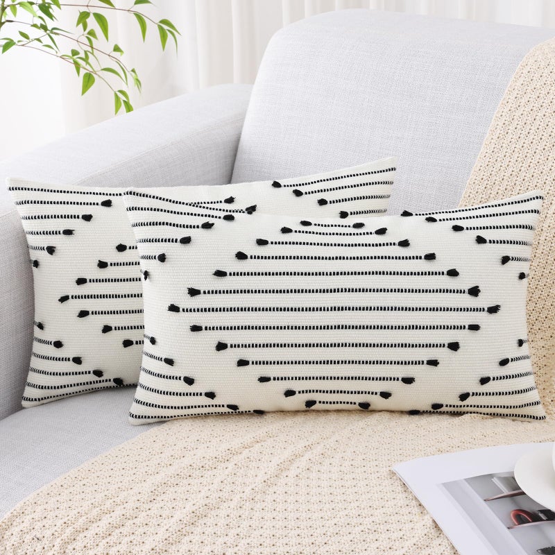 Mecatny Boho Outdoor Throw Pillow Covers 12X20 Set of 2 Farmhouse Lumbar Summer Pillow Covers for Couch Sofa Living Room Black  Cream White
