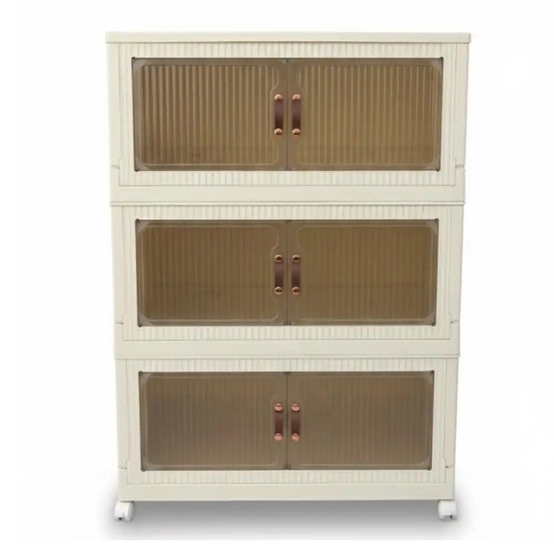 Portable 3 Tier Collapsible Plastic Storage Cabinet With Doors And Wheel- White