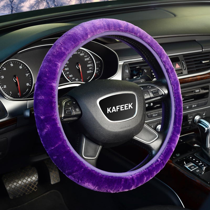 KAFEEK Purple Elastic Fuzzy Steering Wheel Cover Microfiber Plush Steering Wheel Cover for Woman GirlWinter Warm Universal 15 inch