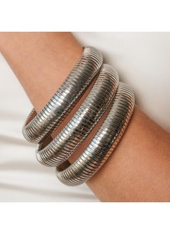 Ettika Silver Bangles For Women. Chunky Bracelets Set. 3 Flex Snake Chain Stretch Rhodium Plated Bangles. Birthday Gifts For Women  - Image 2