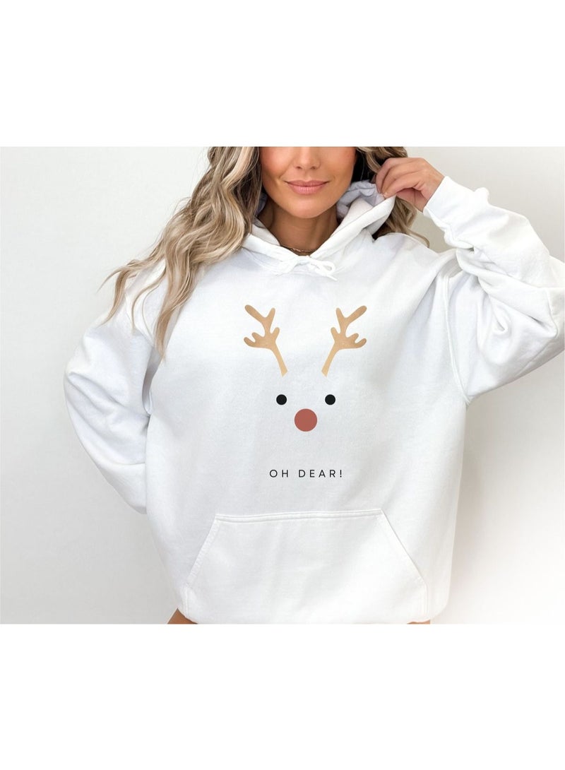 LOUD UNIVERSE هودي نسائي أبيض "أوه عزيزي!" برسمة الرنة – سويت شيرت مريح للعطلات