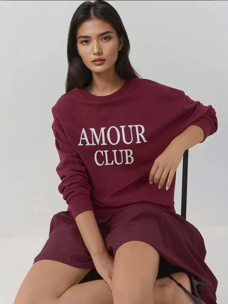 Hiccup Brick Red Printed Crew Neck Relaxed Fit Raised Sweatshirt for Women | Best Price UAE