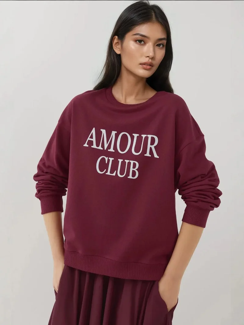 Hiccup Brick Red Printed Crew Neck Relaxed Fit Raised Sweatshirt for Women | Best Price UAE