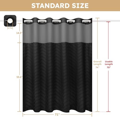 FADOTY No Hook Shower Curtain and Liner Set, Black Snap in Shower Curtain Ringless Chevron Tufted Cloth Waterproof Washable Fabric Bath Curtain with See Through Top Window for Bathroom Hotel 71" x 74" - Image 5