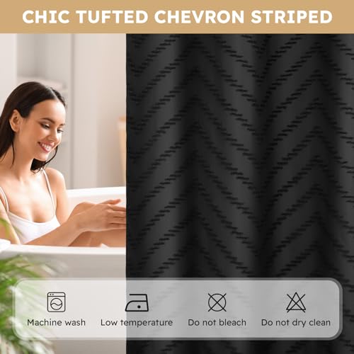 FADOTY No Hook Shower Curtain and Liner Set, Black Snap in Shower Curtain Ringless Chevron Tufted Cloth Waterproof Washable Fabric Bath Curtain with See Through Top Window for Bathroom Hotel 71" x 74" - Image 4