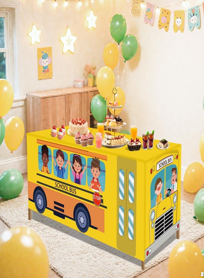 Jeyeou 2PCS 6Ft School Bus Tablecloth Washable First Day of School Table Cloth Party Decorations Polyester Cartoon Rectangle Table Cover for Classroom Home Back to School Day Graduation Party Favor - Image 1