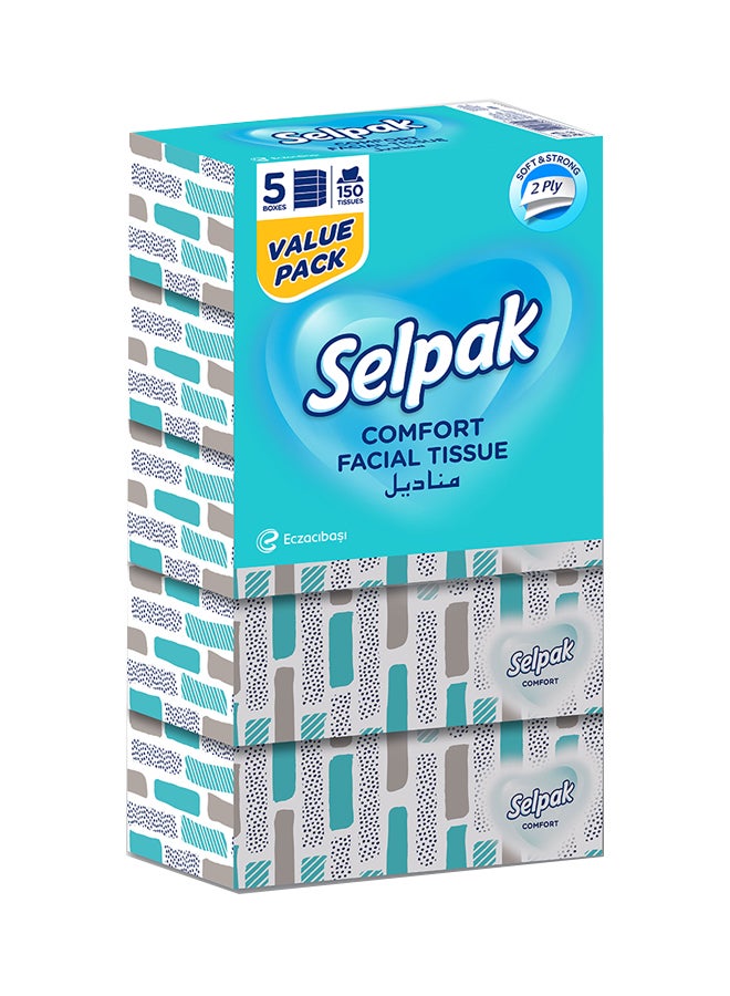 Selpak Comfort Boxed Facial Tissue 2 Ply 150 Sheets Pack of 5 - Image 1