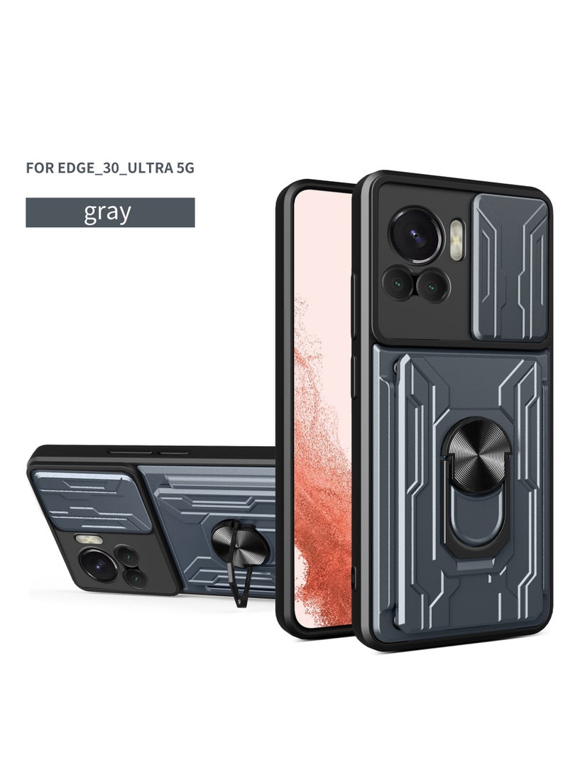 Motorola Edge 30 Ultra 5G Grey Mobile Phone Case Cover with Card Holder, Slide Camera Lens Cover, 360°Rotating Kickstand Ring, Bumper Shockproof Phone Case 