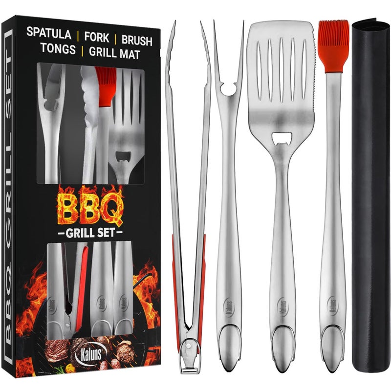 Kaluns BBQ Grilling Accessories, Grilling Gifts for Men Dad, Grill Tools for Outdoor Grill, Heavy Duty Stainless Steel Grill Set with Spatula, Tongs, Fork, Brush, & Grilling Mat, Best BBQ Gifts - Image 1