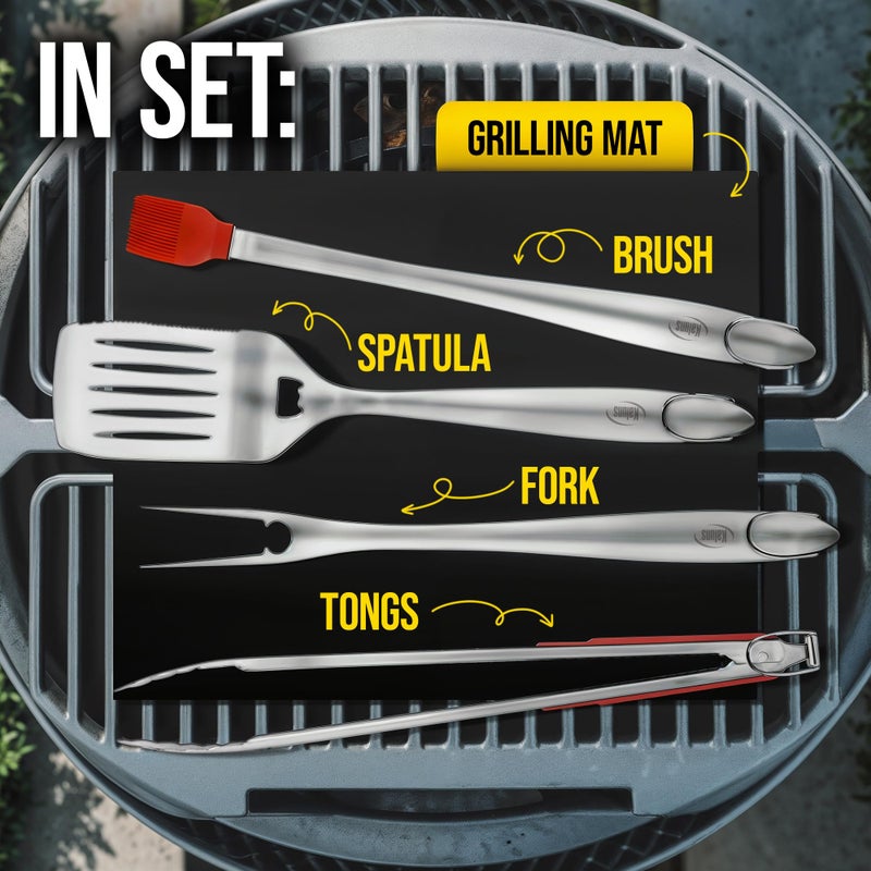 Kaluns BBQ Grilling Accessories, Grilling Gifts for Men Dad, Grill Tools for Outdoor Grill, Heavy Duty Stainless Steel Grill Set with Spatula, Tongs, Fork, Brush, & Grilling Mat, Best BBQ Gifts - Image 2