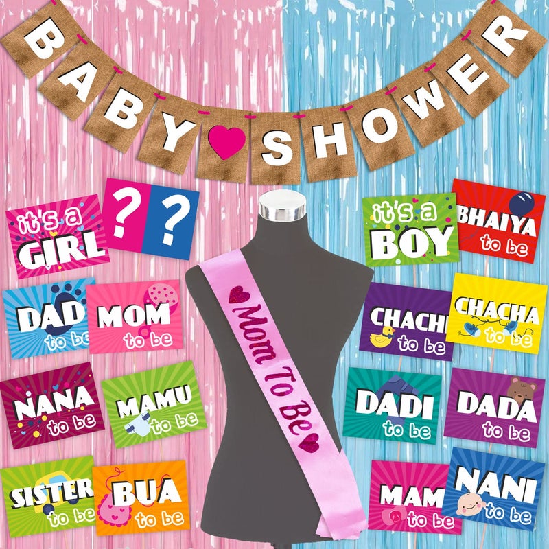 Wobbox Baby Shower Decoration Items| Baby Shower Ceremony Photo Booth Props For Photoshoot, Baby Shower Banner, Mom To Be Sash& Backdrop Foil Curtain, Godh Bharai Ceremony Decoration Kit-(FP2050) - Image 1