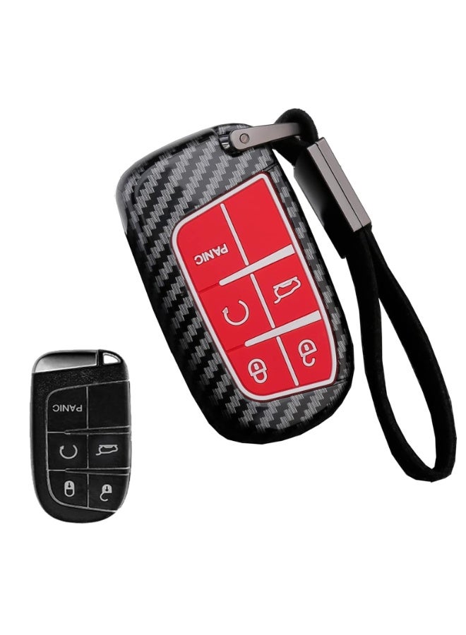 NOSKIN Carbon Fiber Pattern Key Fob Cover Case fit for Jeep Grand Cherokee, Renegade, Chrysler 200 300, Dodge RAM, Durango, Charger, Challenger, Journey, Dart, Fiat, 5 Buttons Keyless Entry Remote (red) - Image 1