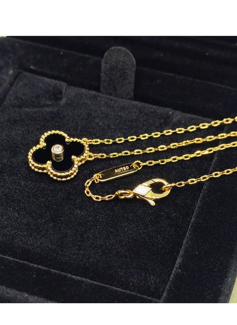 Solid Yellow Gold Onyx Four Leaf Clover Necklace