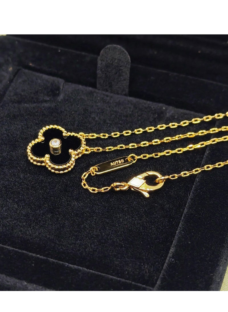 Van Solid Yellow Gold Onyx Four Leaf Clover Necklace  - Image 1