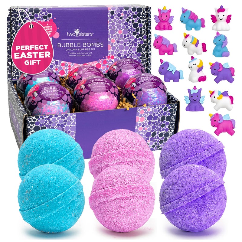 Two Sisters Unicorn Bath Bombs for Girls with Surprise Toys Inside (6 Pack) - Large Bubble Bomb for Kids, Gentle and Safe, Made in USA, Fizzies, Fruity Scents, Won't Stain Tub - Ideal Gift by Two Sisters - Image 1