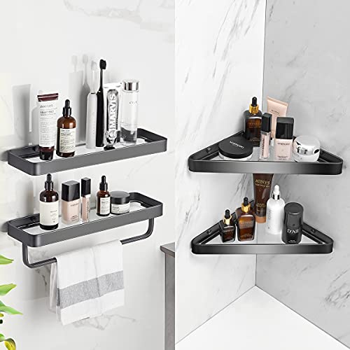 VOLPONE Bathroom Shelves Wall Mounted Glass Corner Shower Shelf for Bathroom Floating Shelf Tempered Glass Wall Organizer 2-Tier(Black) - Image 5