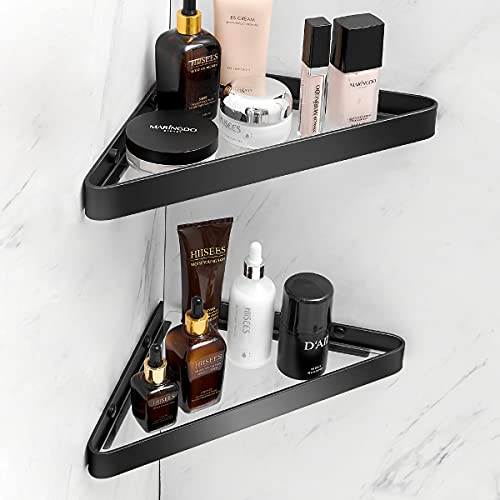 VOLPONE Bathroom Shelves Wall Mounted Glass Corner Shower Shelf for Bathroom Floating Shelf Tempered Glass Wall Organizer 2-Tier(Black) - Image 1