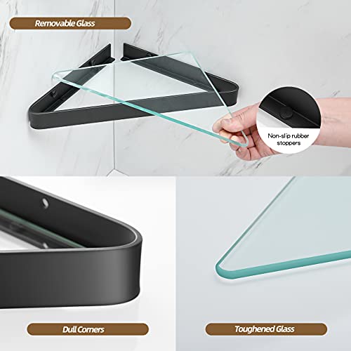 VOLPONE Bathroom Shelves Wall Mounted Glass Corner Shower Shelf for Bathroom Floating Shelf Tempered Glass Wall Organizer 2-Tier(Black) - Image 2
