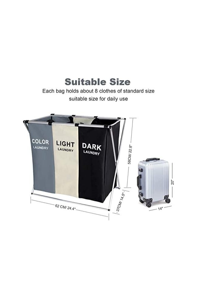 Flushrenic Laundry basket clothes hamper 135l 3 sections clothe sorter bin,foldable waterproof organizer bag with aluminum frame,washing storage dirty clothes basket for bathroom washroom bedroom - Image 2