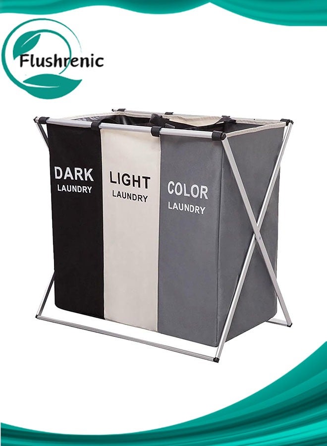 Flushrenic Laundry basket clothes hamper 135l 3 sections clothe sorter bin,foldable waterproof organizer bag with aluminum frame,washing storage dirty clothes basket for bathroom washroom bedroom - Image 1
