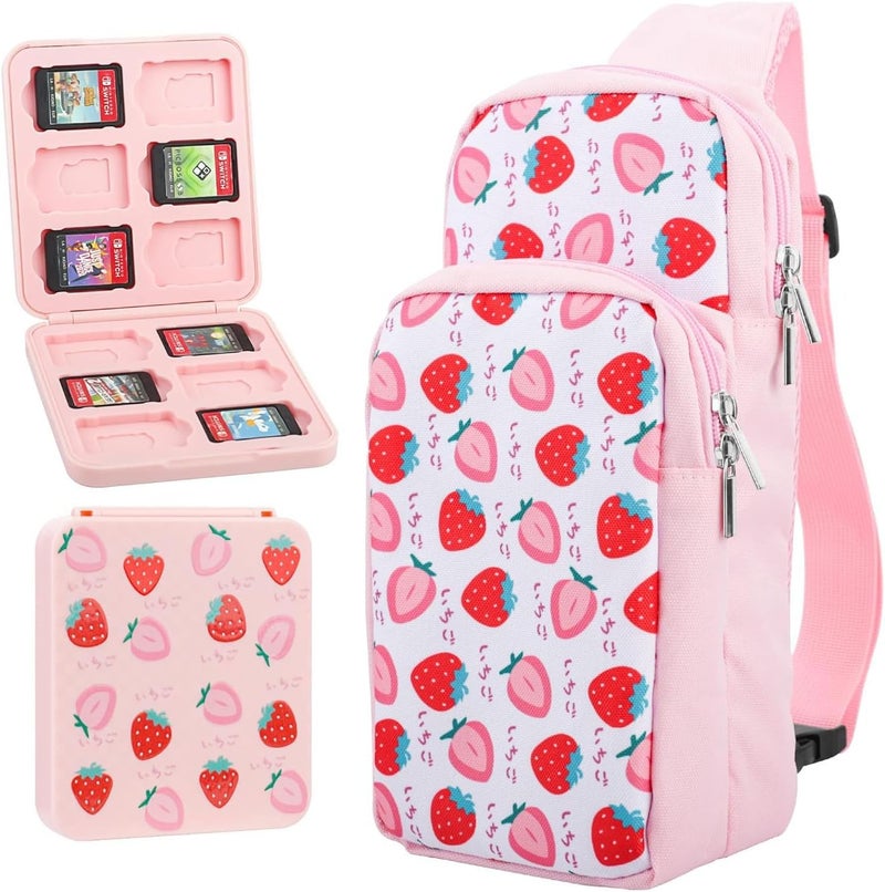 GLDRAM Travel Bag Bundle for Nintendo Switch, Cute Carrying Case for Switch Lite & Switch OLED, Shoulder Bag Accessories Kit for Switch with Game Case, Thumb Grip Caps (Pink Strawberry) - Image 1