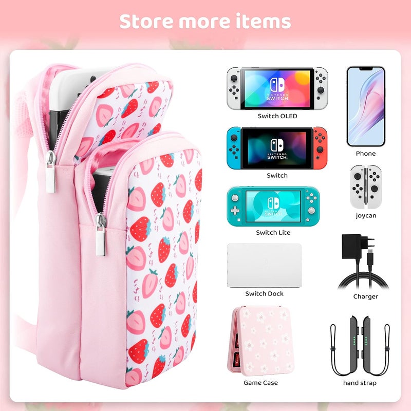 GLDRAM Travel Bag Bundle for Nintendo Switch, Cute Carrying Case for Switch Lite & Switch OLED, Shoulder Bag Accessories Kit for Switch with Game Case, Thumb Grip Caps (Pink Strawberry) - Image 5