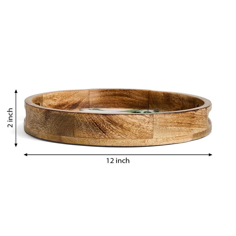 Saaga Round Serving Mango Wooden Tray with Handles - 12 Inch X 2 Inch - Serving Snacks, Beverages, Tea, Dessert, Dinner, Breakfast - White and Aquamarine - Image 2