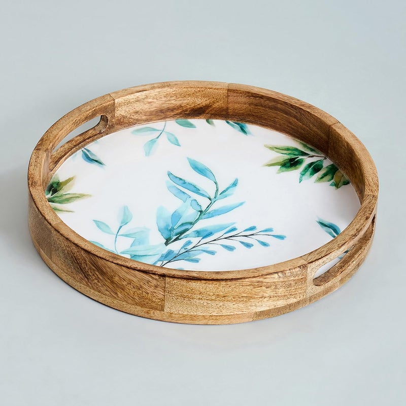 Saaga Round Serving Mango Wooden Tray with Handles - 12 Inch X 2 Inch - Serving Snacks, Beverages, Tea, Dessert, Dinner, Breakfast - White and Aquamarine - Image 4