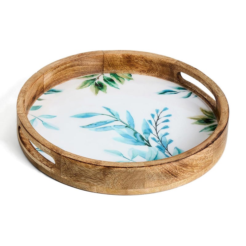 Saaga Round Serving Mango Wooden Tray with Handles - 12 Inch X 2 Inch - Serving Snacks, Beverages, Tea, Dessert, Dinner, Breakfast - White and Aquamarine - Image 1