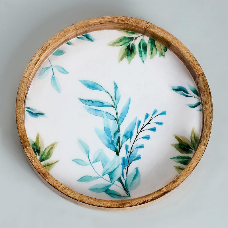 Saaga Round Serving Mango Wooden Tray with Handles - 12 Inch X 2 Inch - Serving Snacks, Beverages, Tea, Dessert, Dinner, Breakfast - White and Aquamarine - Image 5