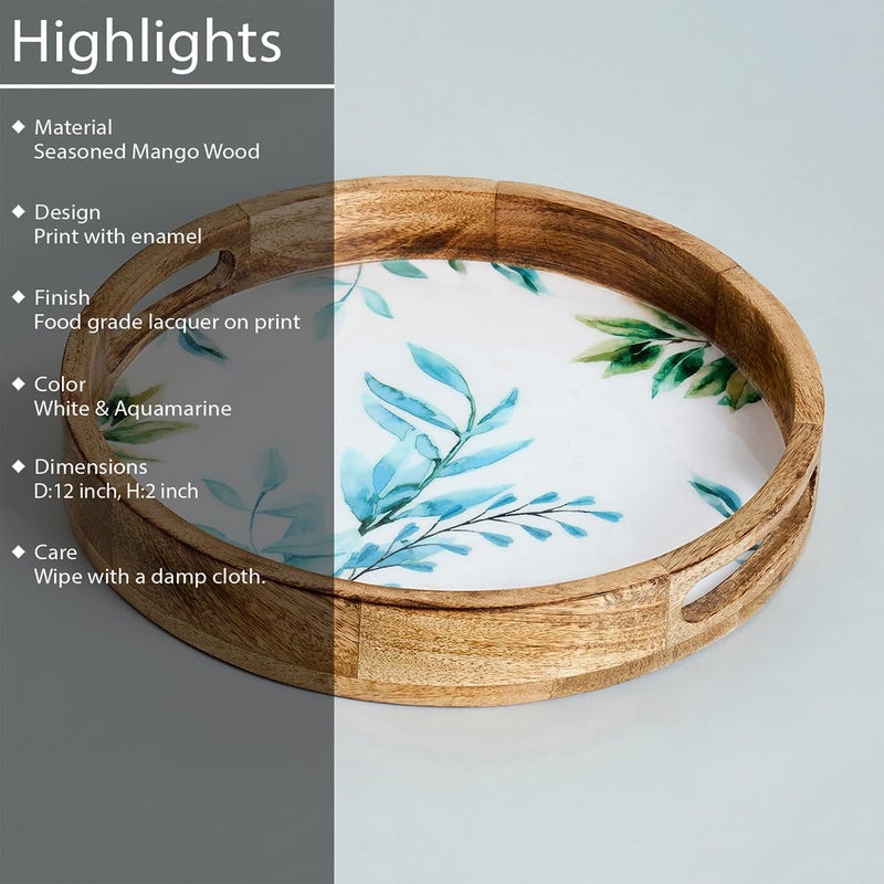 Saaga Round Serving Mango Wooden Tray with Handles - 12 Inch X 2 Inch - Serving Snacks, Beverages, Tea, Dessert, Dinner, Breakfast - White and Aquamarine - Image 3