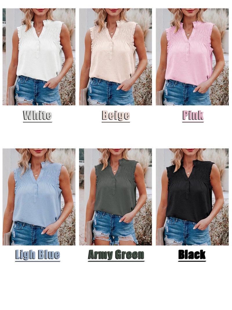 Women Sleeveless Blouse Ruffles Button V Neck Vest Casual Tops - Image 3