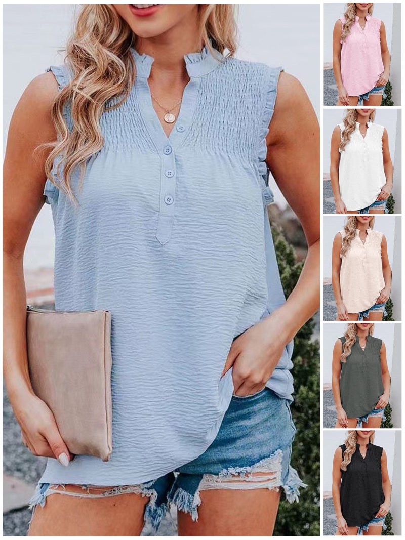 Women Sleeveless Blouse Ruffles Button V Neck Vest Casual Tops - Image 5