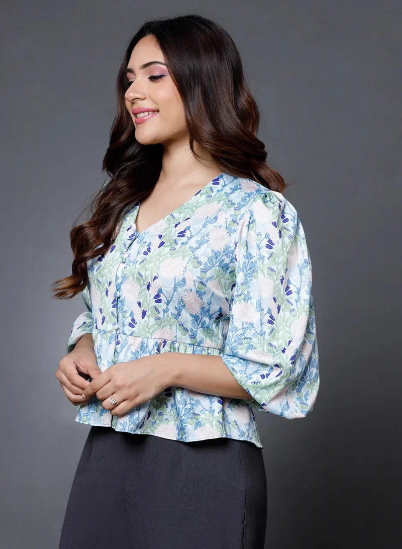 Zigzag Printed Satin Peplum Top