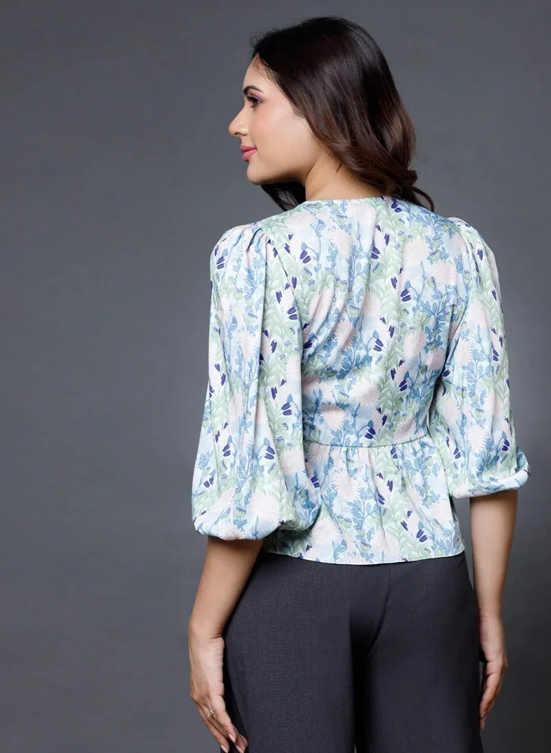 Zigzag Printed Satin Peplum Top