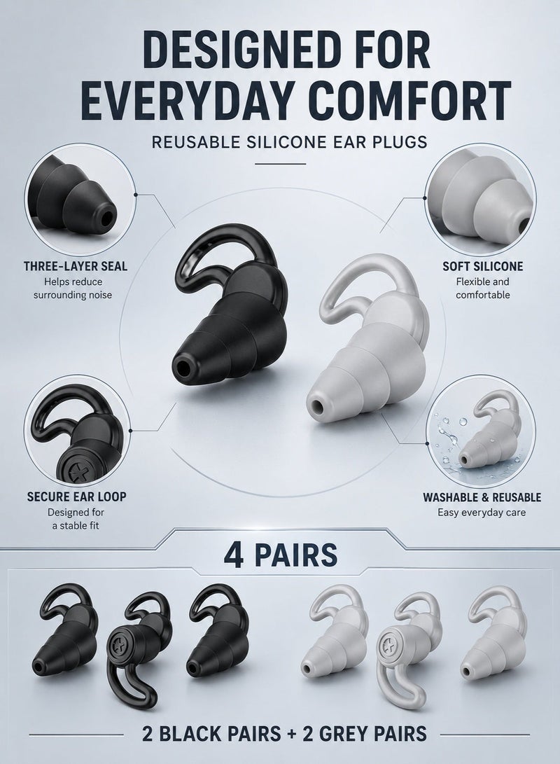 Sisily 4Pairs Reusable Silicone Ear Plugs, 2 Black Pairs and 2 Grey Pairs, Waterproof Noise Reduction Earplugs for Sleeping, Snoring, Swimming, Airplanes, Work and Studying - Image 5